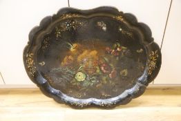 A Victorian papier mache painted tray by Jennens & Bettridge, width 79cmCONDITION: Wave-edge rim has