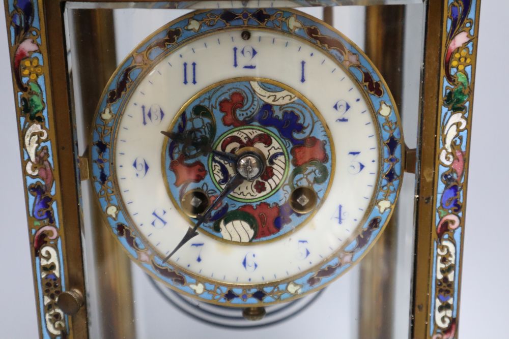 A late 19th / early 20th century French champleve enamel four glass mantel clock, height 27cm - Image 2 of 7