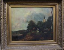 Modern oil on canvas, 18th century Dutch style pastoral landscape, 38 x 48cm