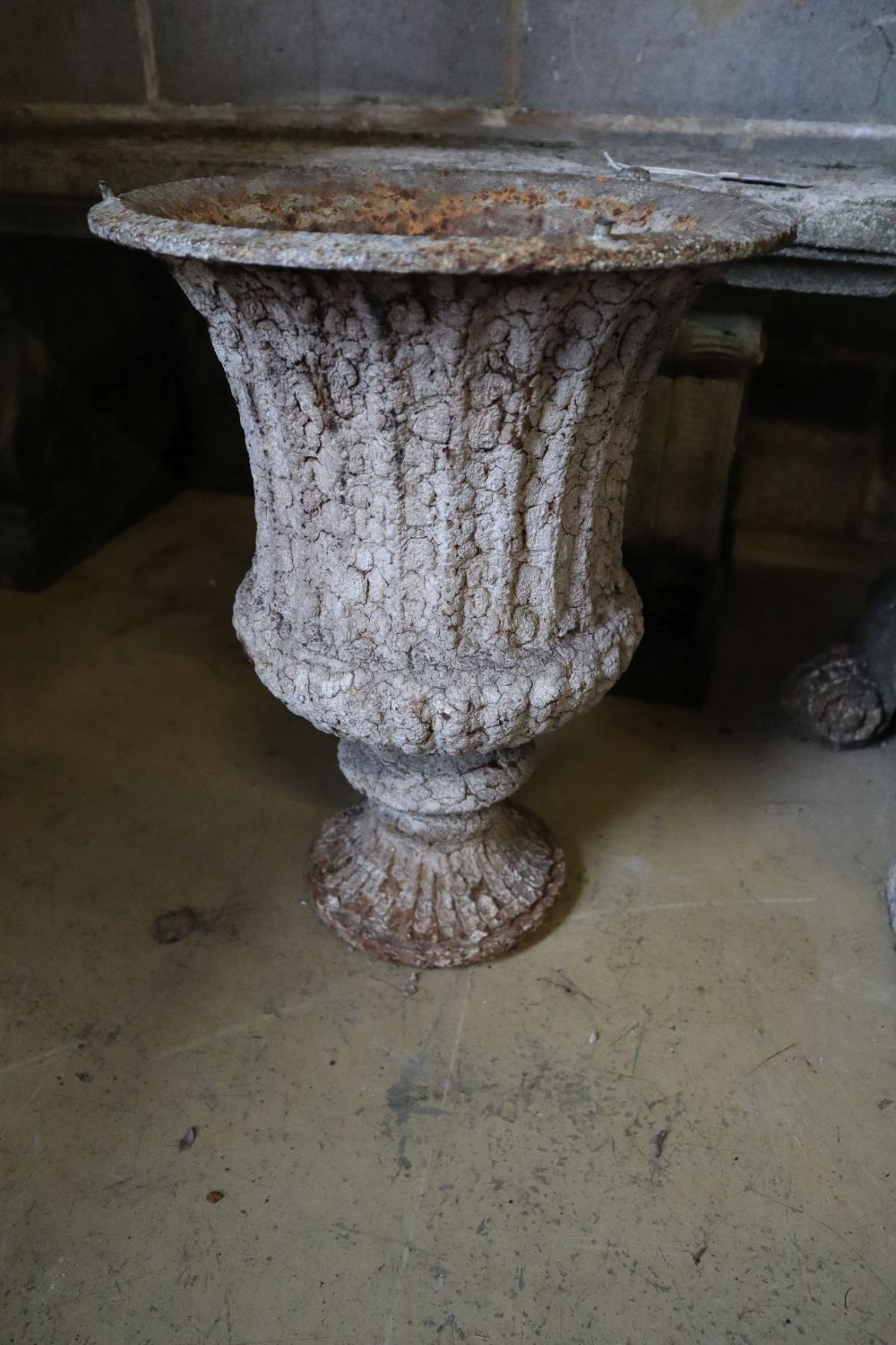 A pair of Victorian cast iron campana garden urns (one lacking plinth foot and rim), taller 49cm - Image 3 of 3