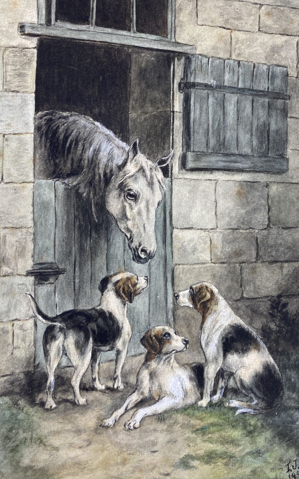 I.J. 1908, two watercolours, Cats beside a mouse cage and Hounds beside a stable, largest 23 x 32cm - Image 2 of 6