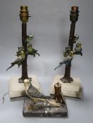 A pair of cold painted metal budgerigar lamps, height 28cm excl. light fitting and a cold painted