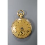 A Victorian 18ct engraved gold open face keyless lever pocket watch, by P. Blackhurst, Crewe,
