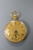 A Victorian 18ct engraved gold open face keyless lever pocket watch, by P. Blackhurst, Crewe,