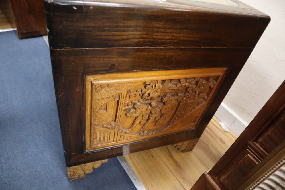 A Chinese carved camphor lined chest, width 110cm, depth 54cm, height 63cm - Image 3 of 4