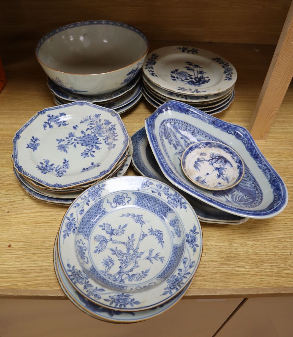 Twenty nine pieces of 19th century Chinese blue and white export porcelain to include dishes, plates