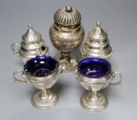 Two pairs of early 20th century Danish white metal condiments and an earlier Danish pedestal caster,