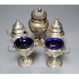 Two pairs of early 20th century Danish white metal condiments and an earlier Danish pedestal caster,