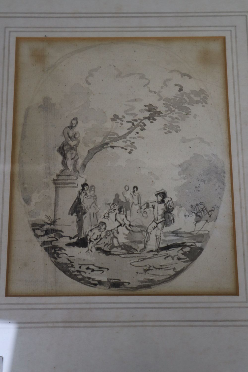 18th century French School, watercolour, Vignette of figures in a garden, 18 x 15cm - Image 2 of 2