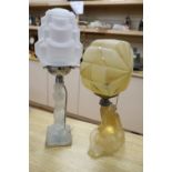 Two Art Deco pressed glass table lamps, largest 45cm
