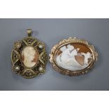 A 9ct mounted oval cameo shell, caved with Cupid & Psyche, 4mm, gross 12 grams and one other gilt