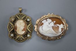 A 9ct mounted oval cameo shell, caved with Cupid & Psyche, 4mm, gross 12 grams and one other gilt