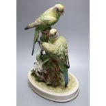 A Continental tinted biscuit porcelain group of two budgerigars, 26cm high