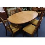 A G plan teak extending dining table, width 102cm, depth 106cm, height 69cm, six chairs and a