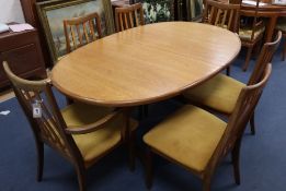 A G plan teak extending dining table, width 102cm, depth 106cm, height 69cm, six chairs and a
