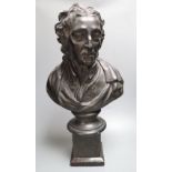 A 19th century painted plaster bust, height 43cm, on stand, by J. Greensill, 260 Strand