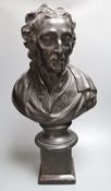 A 19th century painted plaster bust, height 43cm, on stand, by J. Greensill, 260 Strand