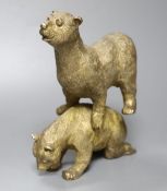 A silvered bronze group of two playful bears, height 20cm