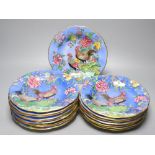 Seventeen Carlton Ware 'Cock & Peony' cabinet plates, chinoiserie design and gilt borders (some