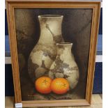 Russian School, oil on canvas board, Still life of oranges and vases, 39 x 29cm