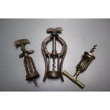 A James Heeley & Sons A1 Double Lever corkscrew and two barrel corkscrews