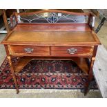 An Edwardian inlaid mahogany side table, the superstructure with an inset stained glass panel, width