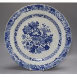 An 18th century Chinese export blue and white porcelain charger, 35cmCONDITION: Structurally good;