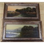 English School c.1900, pair of oils on board, Anglers in river landscapes, one indistinctly