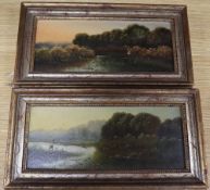 English School c.1900, pair of oils on board, Anglers in river landscapes, one indistinctly