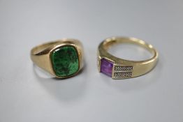 A modern 9ct gold, amethyst and diamond chip dress ring, size X and a 9ct gold and hardstone set