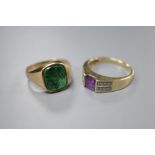 A modern 9ct gold, amethyst and diamond chip dress ring, size X and a 9ct gold and hardstone set