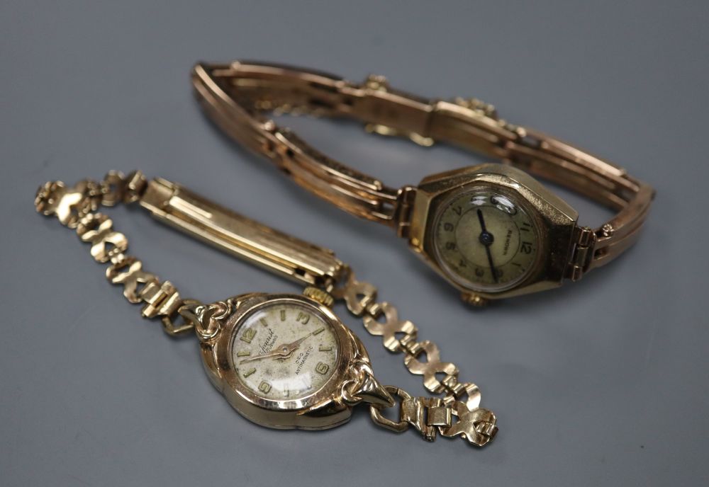 Two 9ct gold ladys' wristwatches, one on 9ct gold expanding bracelet, gross 27.5 grams.