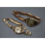 Two 9ct gold ladys' wristwatches, one on 9ct gold expanding bracelet, gross 27.5 grams.