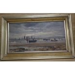 WMB c.1900, oil on board, Fishing boats at low tide, initialled, 17 x 31cm