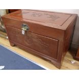 A Chinese hardwood and camphor carved chest, width 103cm, depth 53cm, height 60cm