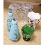 A pair of Victorian cut glass lustres, a pair of lidded glass jars, a basket and a porcelain vase