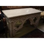 A Gothic style marble top bleached oak console table, width 122cm, depth 58cm, height 66cm