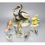 An Austrian Keramos group of pelicans, six Royal Worcester and other bird models and two Lomonosov