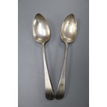 A pair of George III silver Old English pattern tablespoons, by Hester Bateman, London, 1780, 21.