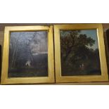W. Yates c.1880, pair of oils on canvas, Figures in woodland, signed, 29 x 24cm