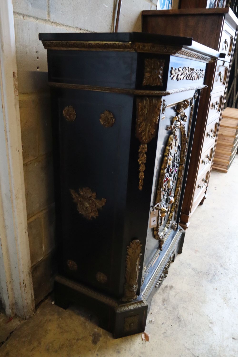 A Victorian ebonised gilt metal and hardstone mounted pier cabinet with black slate top, width 83cm, - Image 2 of 3