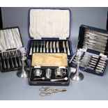 A pair of Continental silver grape scissors, a cased set of six silver cake forks and sundry items