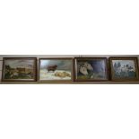 19th century English School, oil on mill board, Sheep in winter, 19 x 30cm, a pair of oils of horses