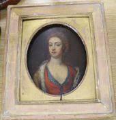 18th century English School, oil on oak panel, Portrait of a noble woman, 20 x 17cm