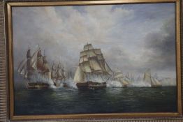 Ian Haden, oil on canvas, 19th century Naval battle, signed, 60 x 90cm