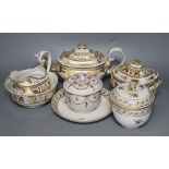 A Derby gilded part tea set, two Derby sucrier and covers and a similar dish, c.1790-1810, blue,