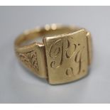 A 9ct yellow gold signet ring, the rectangular matrix initialled 'RJ', size S, 4.9 grams.