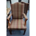 A set of ten George III style mahogany dining chairs, recently re-upholstered in striped fabric (two