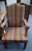 A set of ten George III style mahogany dining chairs, recently re-upholstered in striped fabric (two