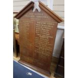 An early 20th century oak Honours board, width 90cm, height 130cm